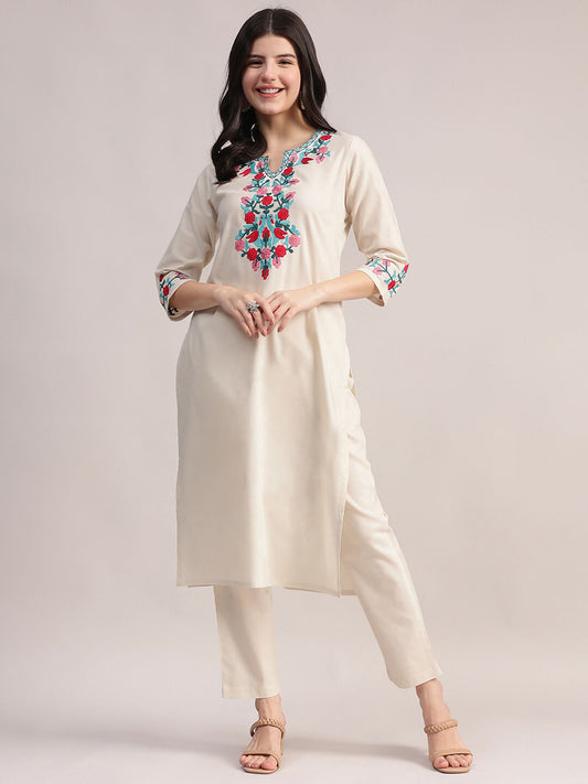 Aavyora Women's Off-White Embroidered Cotton Flex Co-Ord Set - Swadesiicart