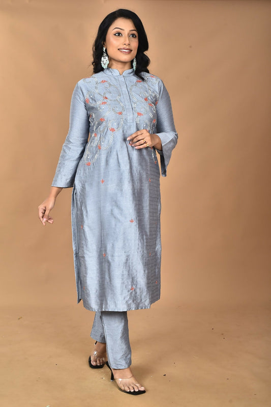 Morchari Women And Hand Embroidery Co-Ord Set-Grey - Swadesiicart