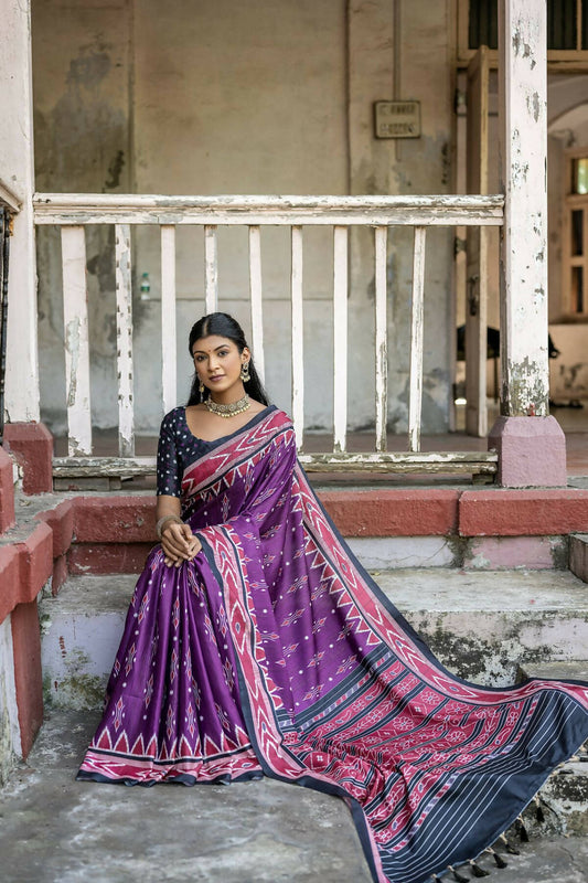 Vishnu Weaves Women's Wine Cotton Silk Printed Saree with Blouse - Swadesiicart