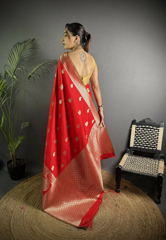 Joban Fashion Red Banarasi Soft Lichi Silk Paisley Saree | Swadesiicart