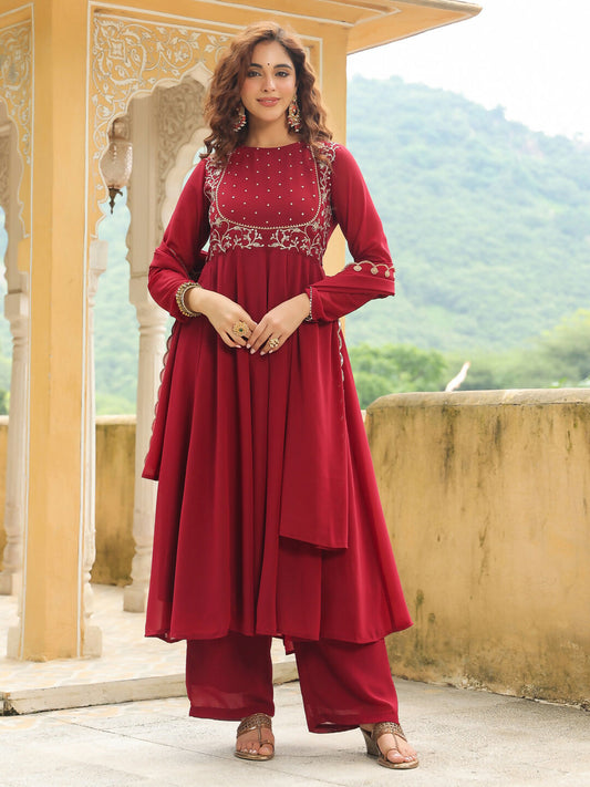 Janasya Maroon Georgette Embroidered Kurta,Bottom & Dupatta | Swadesiicart