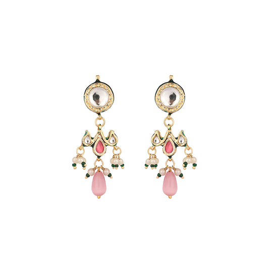 Nuyug 22K Gold Plated Pearl Empress Flora Pink Stone Drops Necklace Set | Swadesiicart