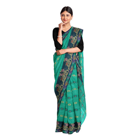 Exclusive Collection 100% Pure Cotton Green Tant Saree With Hand Weaving Work - Swadesiicart