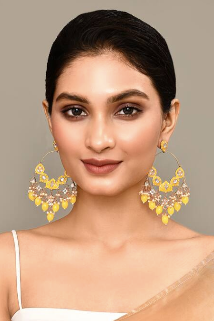 New Stylish Ethnic Partywear Yellow Hoops Kundan Earrings for Womens by House of Ree | Swadesiicart