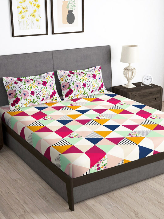 Story@home Arena Pink & Green Geometric Printed 180 TC Queen Bedsheet & 2 Pillow Covers - Swadesiicart