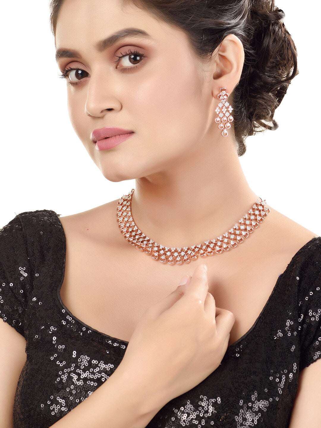 Saraf RS Jewellery Rose Gold-Polished White AD-Studded Handcrafted Jewellery Set - Swadesiicart