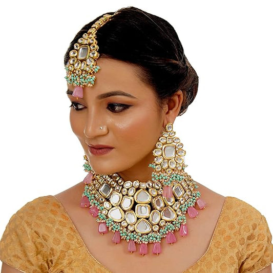 Tehzeeb Creations Back Meenakari Gold-Polished Multicolor Color Tika Earring Jewellery Set Uncut Big Faux Kundan Dibbi Kundan Choker Necklace Set | Swadesiicart