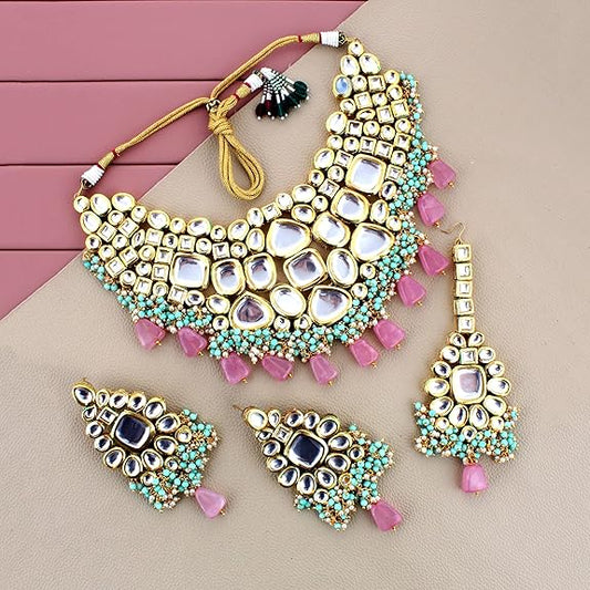Tehzeeb Creations Back Meenakari Gold-Polished Multicolor Color Tika Earring Jewellery Set Uncut Big Faux Kundan Dibbi Kundan Choker Necklace Set | Swadesiicart