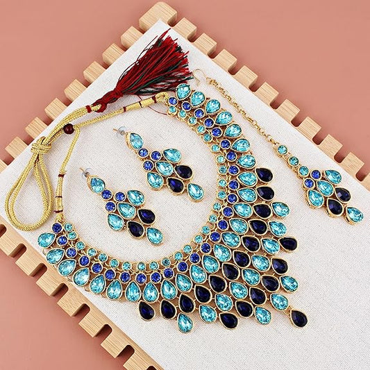 Tehzeeb CreationsDesigner Gold-Polished Elegant Stone Necklace Set For Women & Girls - Swadesiicart