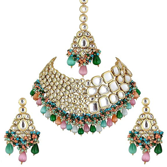 Tehzeeb Creations Meenakari Gold-Polished Multi color Uncut dibbi Kundan Combo Necklace Set - Swadesiicart