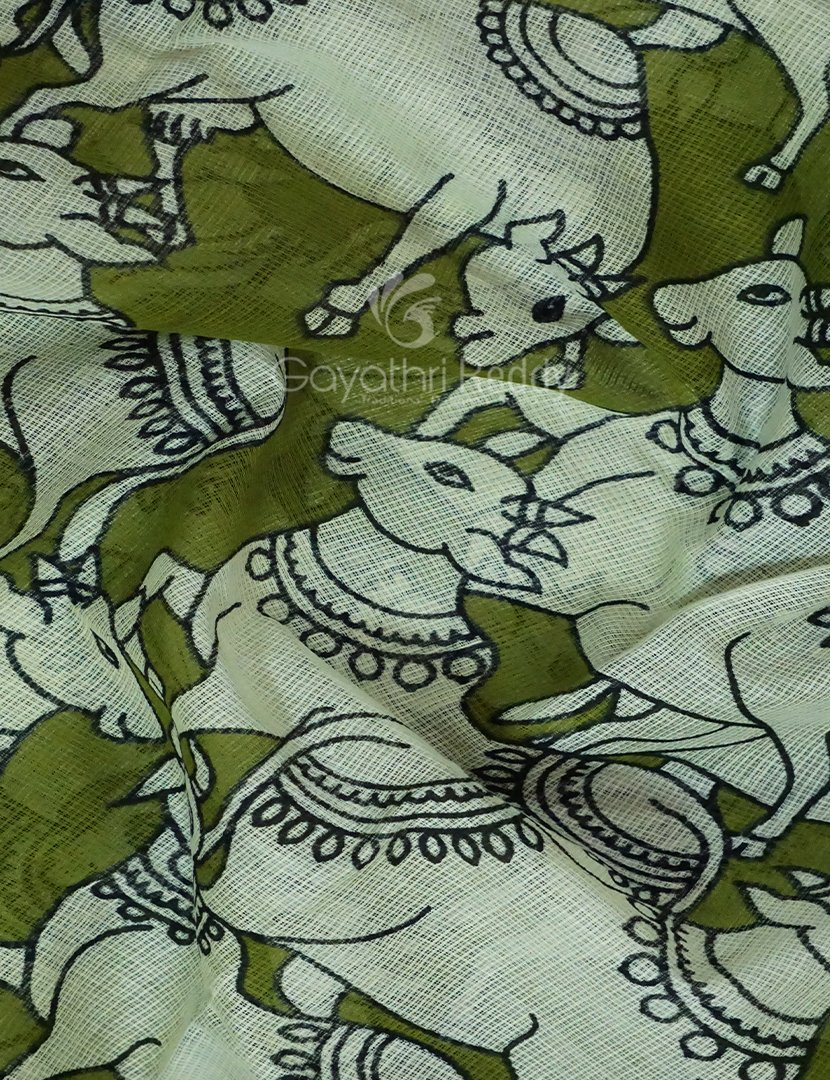 Shades of Mehndi Green And Black With Pichwai Print Munga Cotton Saree By Gayathri Reddy Designer Studio | Swadesiicart