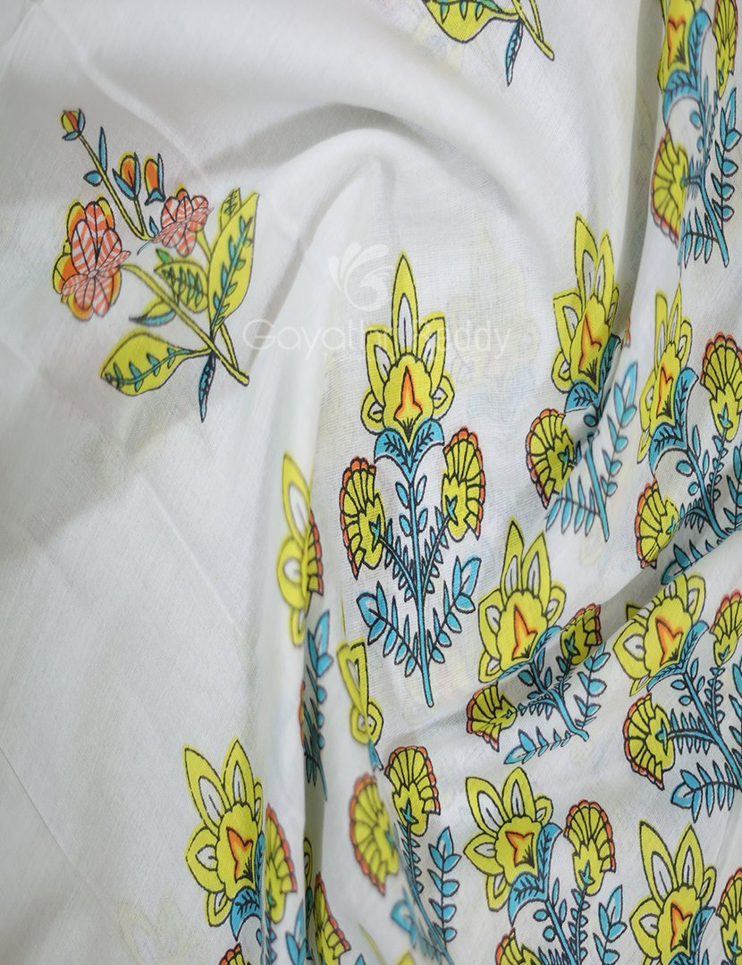 Creame Coloured Combination Printed Cotton Saree By Gayathri Reddy Designer Studio | Swadesiicart