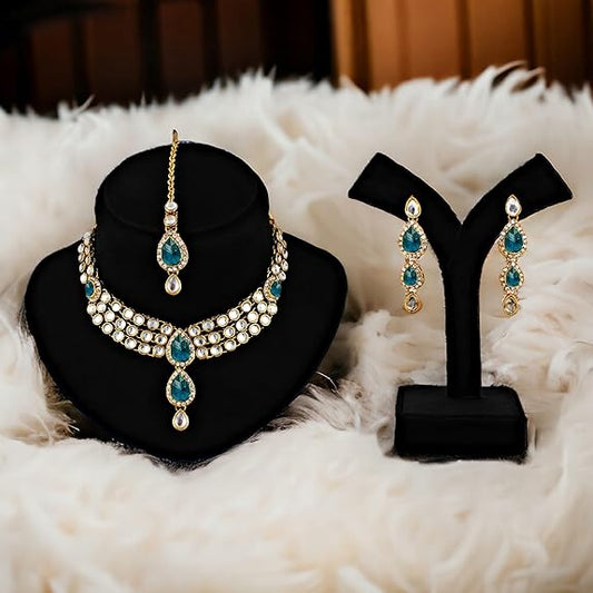 Tehzeeb Creations Traditional Gold-Polished Kundan Necklace Set for Girls & Women - Swadesiicart