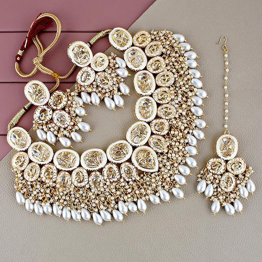 Tehzeeb Creations Back Meenakari Gold-Polished Set with Earring and Mang Tika Combo Uncut Big Faux Kundan Choker Necklace set | Swadesiicart