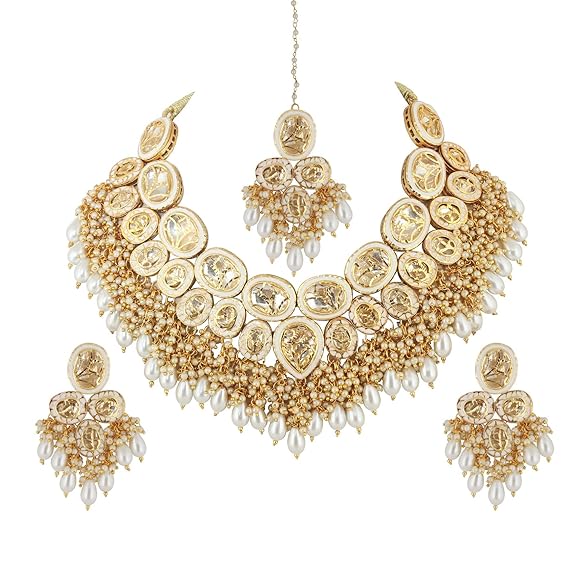 Tehzeeb Creations Back Meenakari Gold-Polished Set with Earring and Mang Tika Combo Uncut Big Faux Kundan Choker Necklace set | Swadesiicart