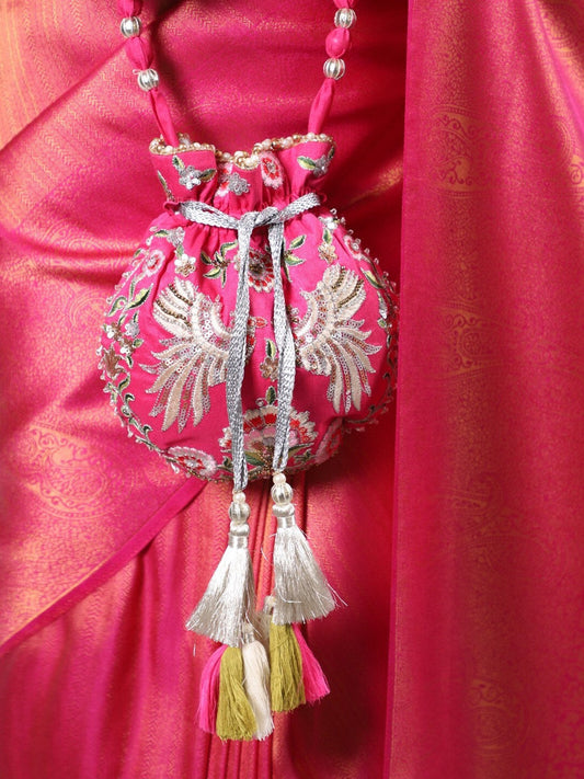 Masq Magenta & White Embroidered Potli Clutch - Swadesiicart
