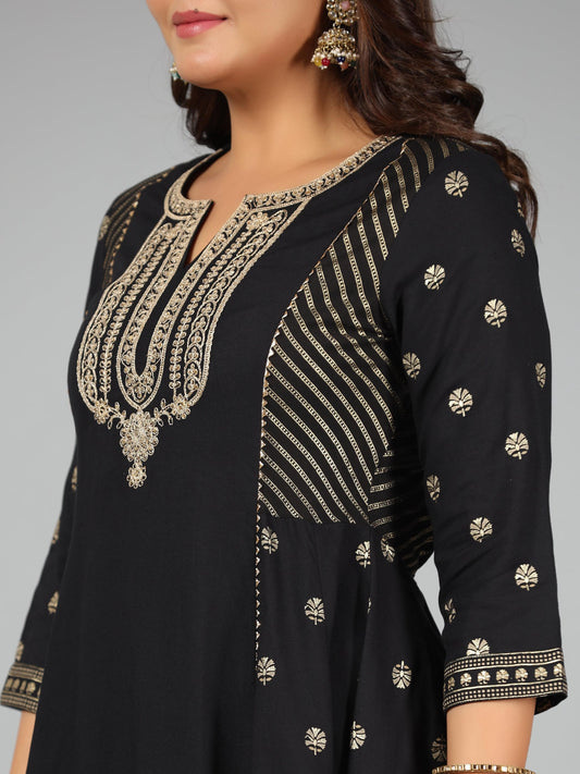 Juniper Women Black Rayon Printed Kurta, Sharara & Dupatta Set | Swadesiicart