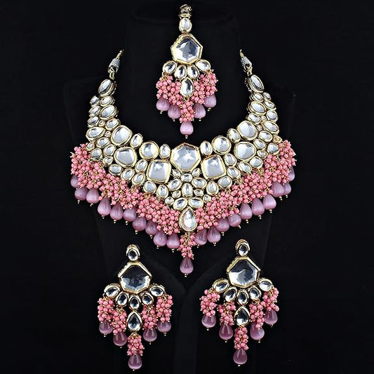 Tehzeeb Creations Gold-Polished Pink Color Kundan Stone/Uncut Kundan/Dibbi Kundan/Meena Kundan/Lucknow Kundan with Monalisa Drop Bridal Set for Girls & Women - Swadesiicart