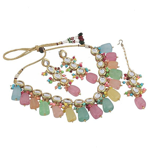 Tehzeeb Creations Back Meenakari Gold-Polished Multicolor Tika Earring Jewellery Set Uncut Kundan Big Faux Kundan Dibbi Kundan Choker Necklace Set | Swadesiicart