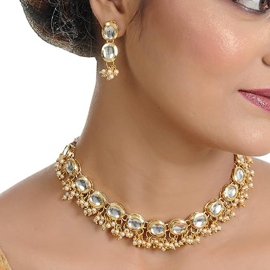 Tehzeeb Creations Back Meenakari Gold-Polished White Color Triangular Shape Earring Jewellery Set Uncut Kundan Big Faux Kundan Dibbi Kundan Choker Necklace Set | Swadesiicart