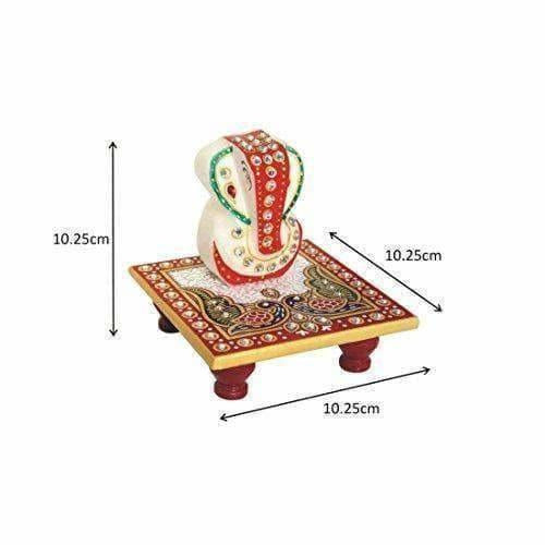 Marble Enamel Painted Ganesha Placed on Chowki (10.2 cm x 10.2 cm x 10.2 cm) - Swadesiicart