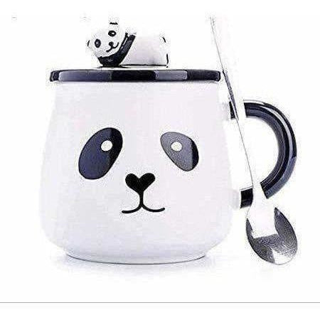 Panda Ceramic Mug with Ceramic Lid and Spoon(Random Design)-300 ML (Pack of 1) - Swadesiicart