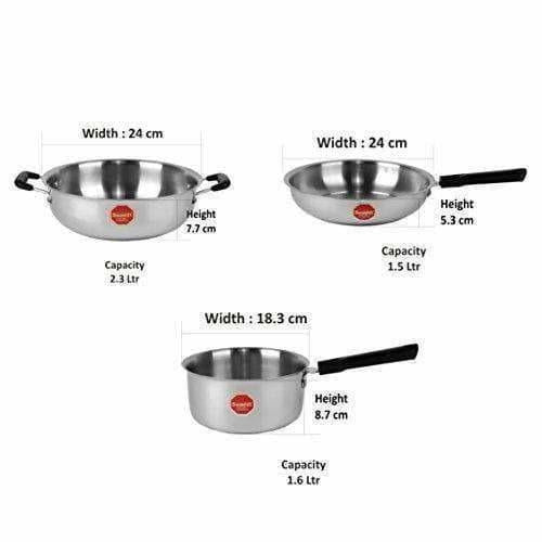Stainless Steel Induction Cookware Sauce Pan +Kadhai + Fry Pan - Set of 3 - Swadesiicart