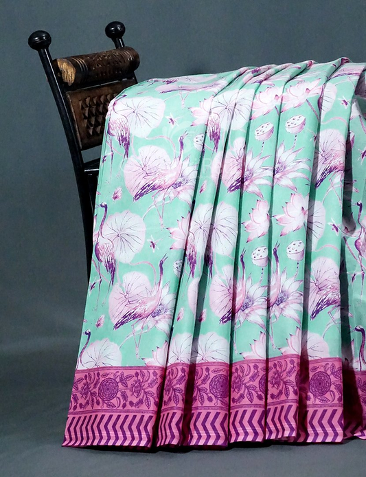 Block Print Mint Blue Coloured Mulmul Cotton Saree By Gayathri Reddy Designer Studio | Swadesiicart