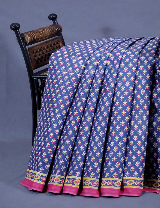Denim Blue Colour Block Print Pure Mulmul Cotton Saree By Gayathri Reddy Designer Studio | Swadesiicart