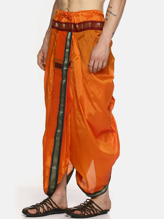 Sethukrishna Men Orange Solid Readymade Dhoti Pants With Angavastram | Swadesiicart