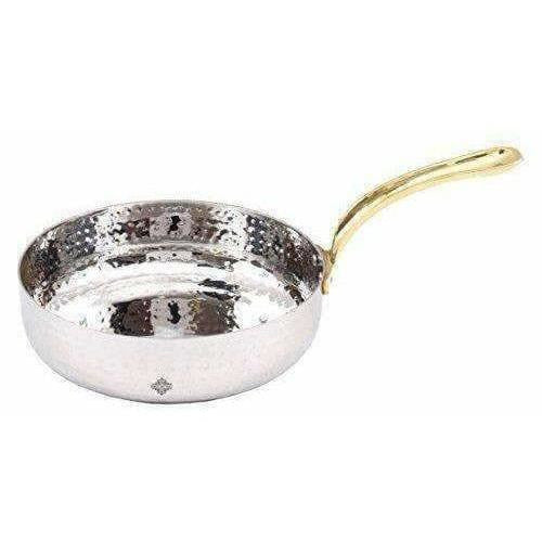 Silver Stainless Steel Fry Pan with Brass Handle - Swadesiicart