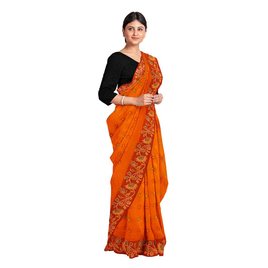 Exclusive Collection 100% Pure Cotton Orange Tant Saree With Hand Weaving Work - Swadesiicart