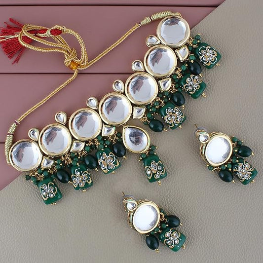 Tehzeeb Creations Back Meenakari Gold-Polished Earring Jewellery Set Uncut Kundan Big Faux Kundan Dibbi Kundan Choker Necklace Set | Swadesiicart