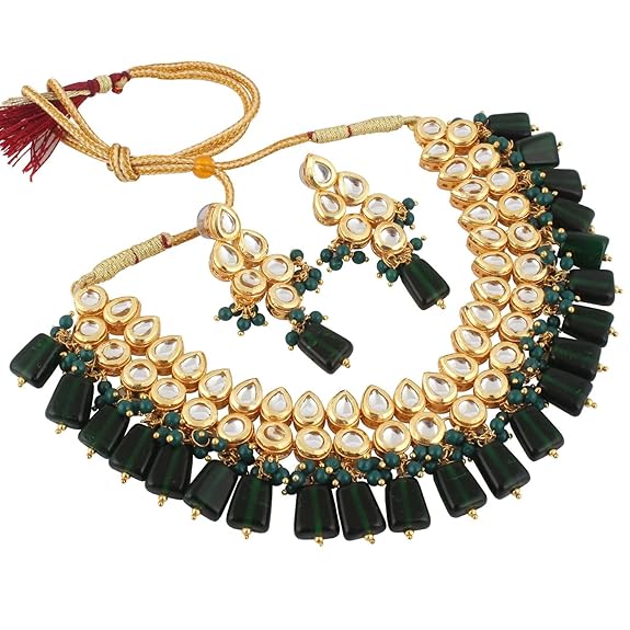 Tehzeeb Creations Back Meenakari Gold-Polished Tika Earring Combo Uncut Big Faux Kundan Choker Necklace set | Swadesiicart