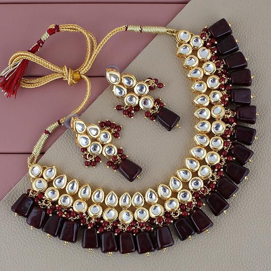 Tehzeeb Creations Back Meenakari Gold-Polished Tika Earring Combo Uncut Big Faux Kundan Choker Necklace set | Swadesiicart