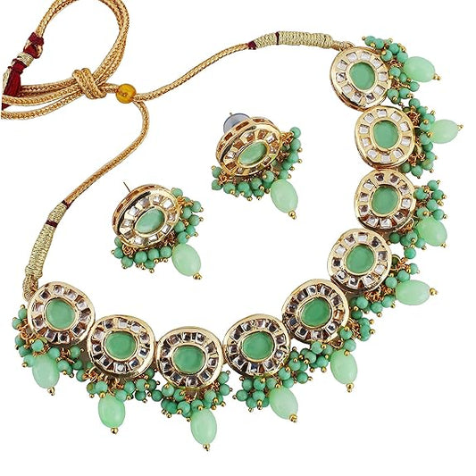 Tehzeeb Creations Meenakari Gold-Polished Earring Combo Uncut Big Faux Kundan Choker Necklace set | Swadesiicart