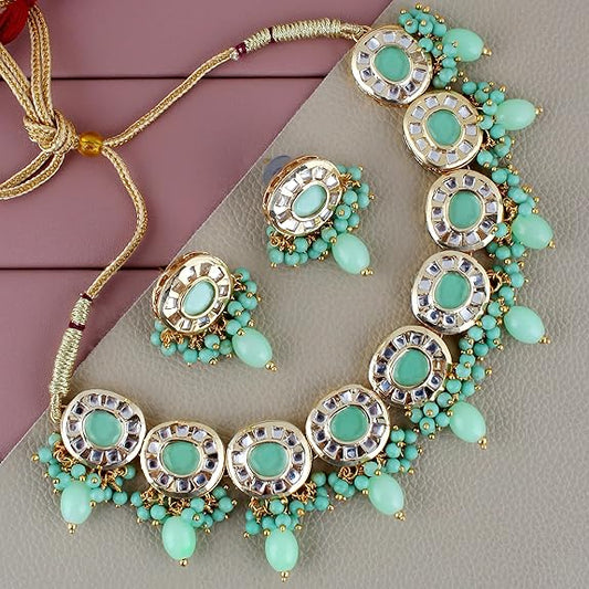 Tehzeeb Creations Meenakari Gold-Polished Earring Combo Uncut Big Faux Kundan Choker Necklace set | Swadesiicart