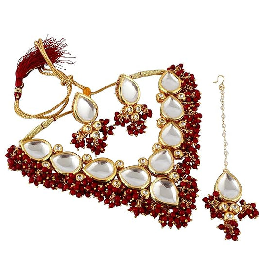 Tehzeeb Creations Back Meenakari Gold-Polished Tika Earring Combo Uncut Big Faux Kundan Choker Necklace set | Swadesiicart