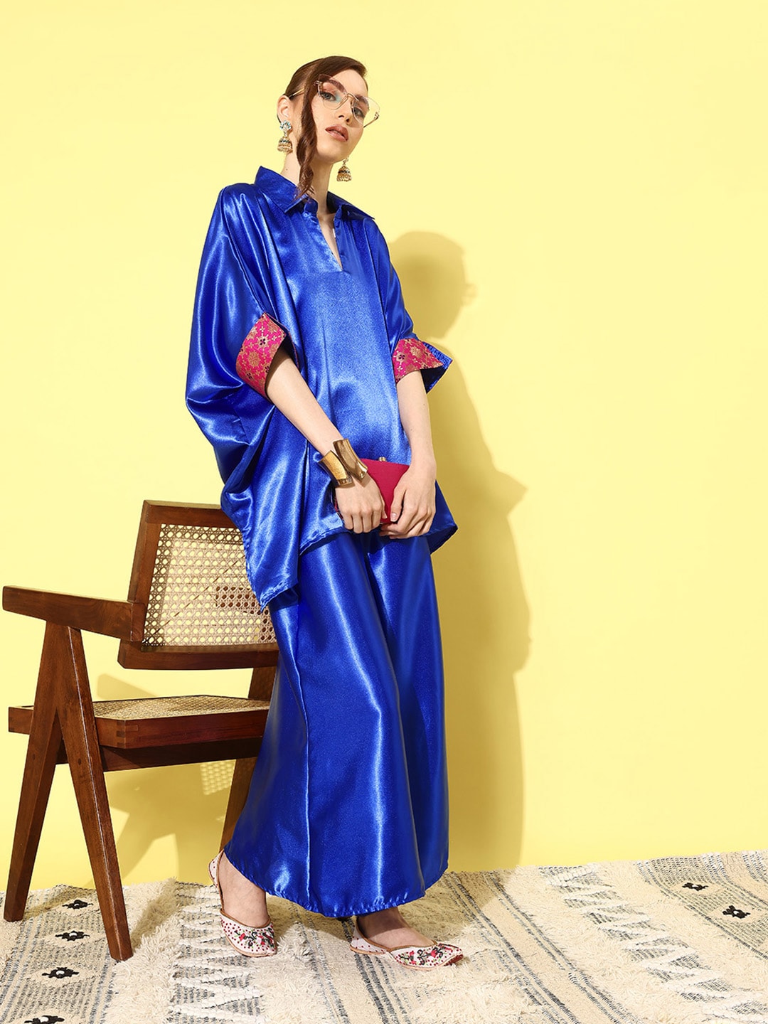 InWeave Women's Blue Pink Brocade Satin Boho Kurta Palazzo Set - Swadesiicart
