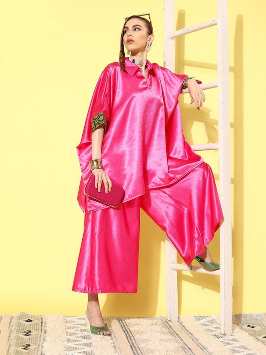 InWeave Women's Pink Green Brocade Satin Boho Kurta Palazzo Set - Swadesiicart