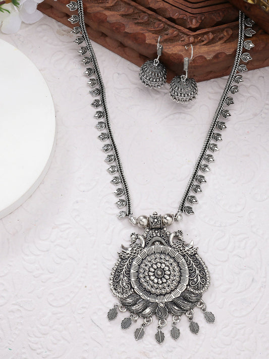 NVR Women's Silver-Toned Peacock Design Oxidized Necklace with Jhumka Earrings - NR Retail-NVR
