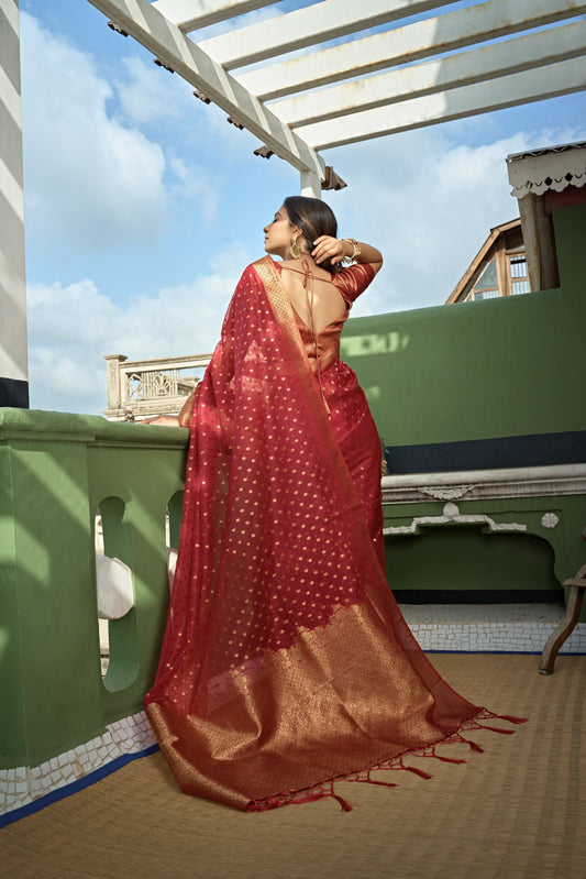 Vardha Apple Red Banarasi - Organza Saree | Swadesiicart