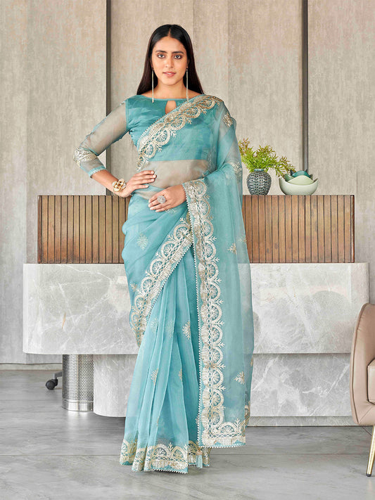 Tikhi Imli Floral Gotta Patti Organza Heavy Work Saree | Swadesiicart