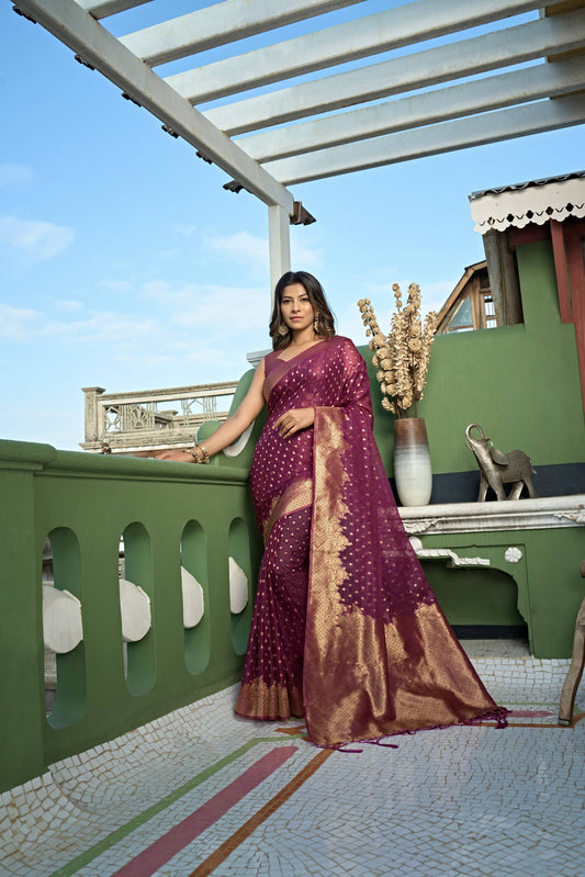 Vardha Wine Golden Zari Banarasi Organza Saree | Swadesiicart
