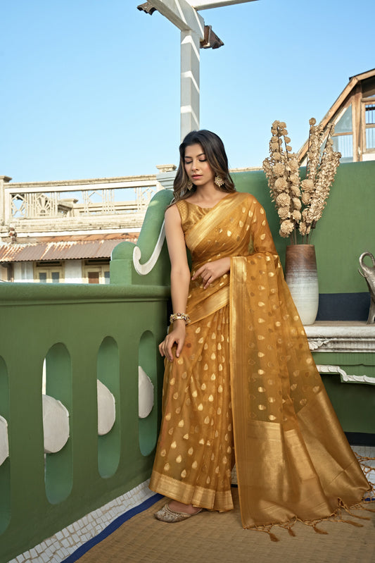 Vardha Amber Yellow Golden Zari Banarasi Organza Saree | Swadesiicart