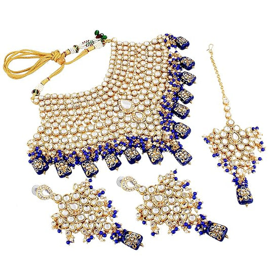 Tehzeeb Creations Traditional Gold-Polished Designer Blue Color Dulhan Choker Kundan Bridal Set | Swadesiicart