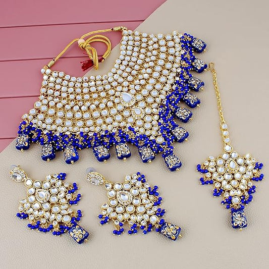 Tehzeeb Creations Traditional Gold-Polished Designer Blue Color Dulhan Choker Kundan Bridal Set | Swadesiicart