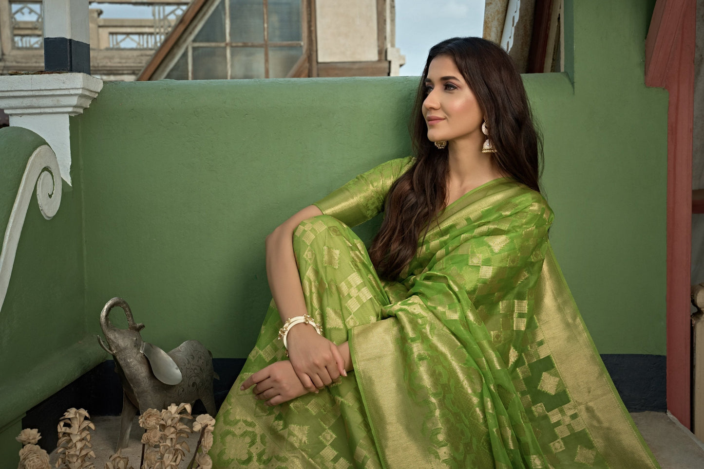 Vardha Lime Green Golden Zari Banarasi Organza Saree | Swadesiicart