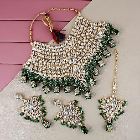 Tehzeeb Creations Traditional Gold-Polished Designer Blue Color Dulhan Choker Kundan Bridal Set | Swadesiicart