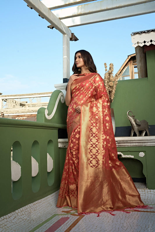 Vardha Tangerine Orange Golden Zari Banarasi Organza Saree | Swadesiicart